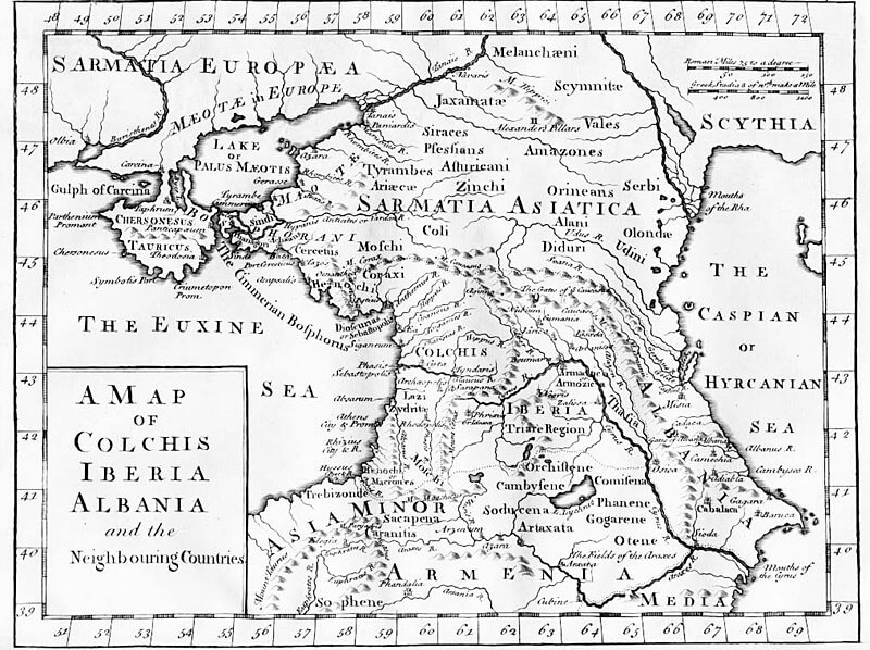 Karte des Kaukasus-Gebirges mit den Siedlungsgebieten von Sarmaten und rechts oben der Amazonen neben der Skythen