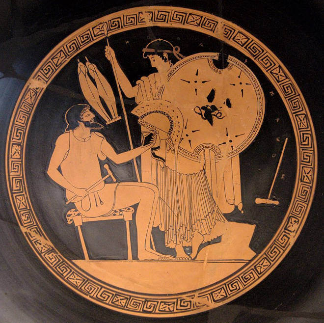 Hephaistos übergibt Thetis die von ihm neu hergestellten Waffen für Achilles