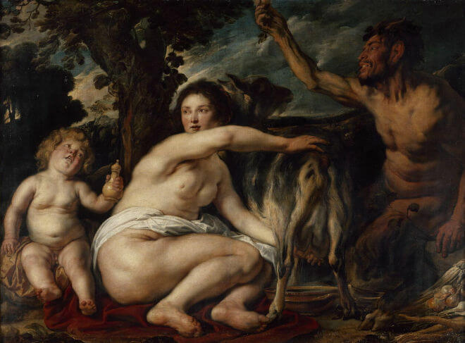Links der kleine Zeus, Mitte die Nymphe oder Ziehe Amaltheia und rechts einer der Kureten