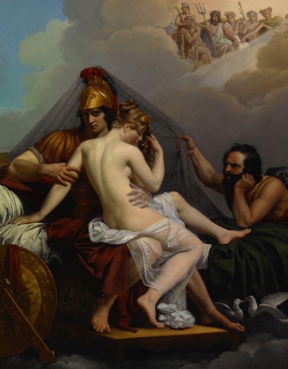Hephaistos übergibt Thetis die von ihm neu hergestellten Waffen für Achilles