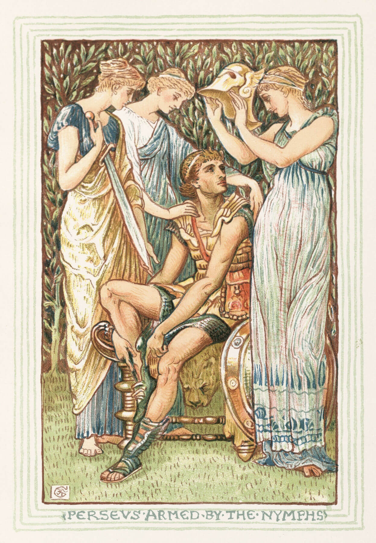 Perseus wird von den Nymphen mit den Waffen der Götter ausgestattet: Die geflügelten Schuh von Hermes hat er schon an, das Schwert des Hephaistos wird im gereicht, die Kappe von Hades wird im aufgesetzt und rechts an ihn gelehnt ist das Schild von Athene.