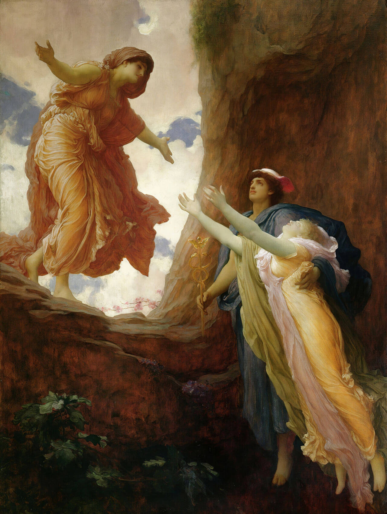 Rückkehr der Persephone (The Return Of Persephone -1891) gemalt von Frederic Leighton. Zu sehen ist wie Hermes Persephone (rechts im Bild) aus der Unterwelt ihrer Mutter Demeter (links im Bild) zurückbringt.