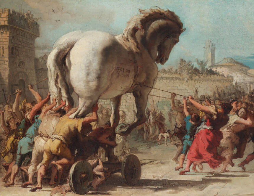 Trojanisches Pferd wird in die Stadtmauern von Troja gezogen